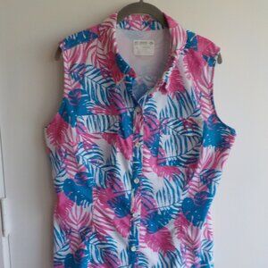 Reel Legends Blouse - Large Sleeveless Button Up Pink Blue Tropical (697)